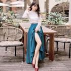 Bell-sleeve Lace Top / Maxi Slit A-line Skirt