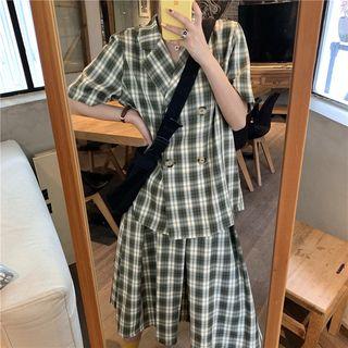 Elbow-sleeve Plaid Double Breasted Blazer / Skirt
