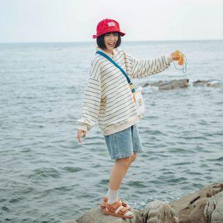 Striped Letter Embroidered Polo-neck Sweatshirt