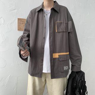 Color Block Lettering Cargo Shirt Jacket