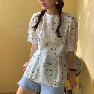 Print Cutout-back Short-sleeve Blouse As Shown In Figure - One Size