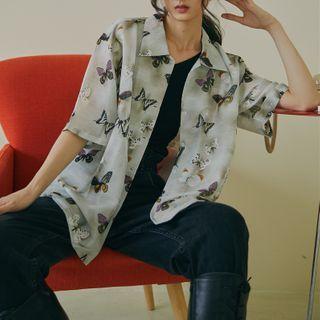 Short-sleeve Butterfly Print Shirt Butterfly - Gray - One Size