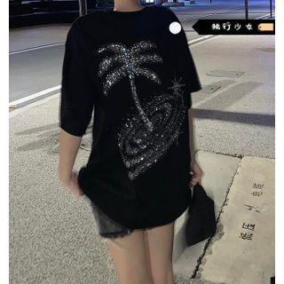 Short-sleeve Rhinestone T-shirt Black - One Size