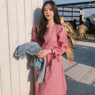 Plaid Lantern-sleeve Shift Dress