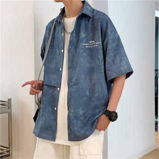 Elbow-sleeve Tie Dye Lettering Shirt