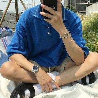 Elbow-sleeve Knit Polo Shirt