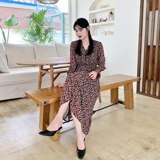 Buttoned Floral Crepe Long Dress