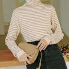 Long-sleeve Turtle Neck Striped Knit Top Almond - One Size