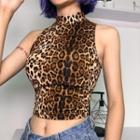 Sleeveless Mock-neck Leopard Cropped Tank Top