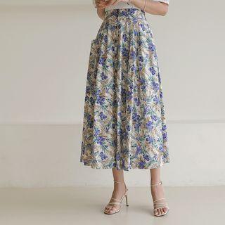 Button-front Pleated Floral Skirt