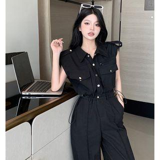 Drawstring-waist Straight-cut Jumpsuit Black - One Size