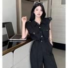 Drawstring-waist Straight-cut Jumpsuit Black - One Size