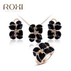 Set: Rhinestone Flower Pendant Necklace + Earring + Ring Set Of 3 - Rose Gold - One Size