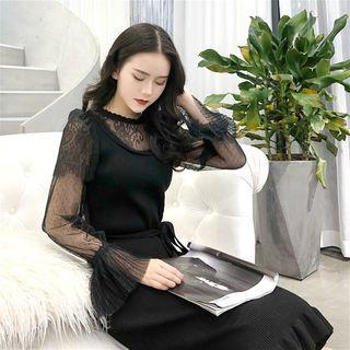 Lace Frilled Long-sleeve Knit Dress