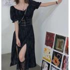 Puff-sleeve Print Slit Midi Dress