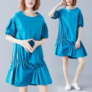 Crew-neck Short-sleeve Mini Dress Peacock Blue - One Size
