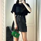 Print T-shirt / Two-tone Denim Mini A-line Skirt
