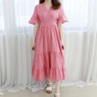 Petite Size Bell-sleeve Gingham Long Tiered Dress