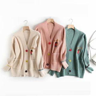 Cartoon Embroidered Ribbed Cardigan