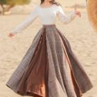 Square-neck Cable Knit Sweater / High Waist Plaid Panel Midi A-line Skirt / Set