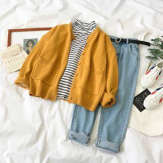Long-sleeve Striped T-shirt / Cardigan / Straight-cut Jeans / Belt