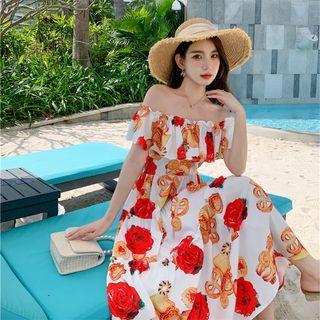 Puff-sleeve Off-shoulder Print Midi A-line Dress