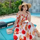 Puff-sleeve Off-shoulder Print Midi A-line Dress