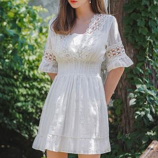 Smocked Lace-trim Minidress