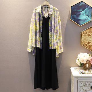 Set: Long-sleeve Floral Print Shirt + Strappy A-line Midi Dress