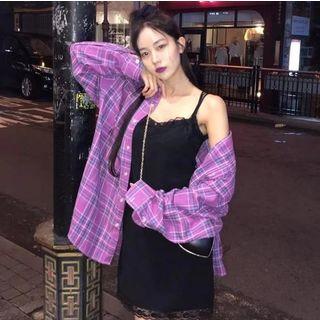 Long-sleeve Oversize Plaid Shirt Purple - One Size
