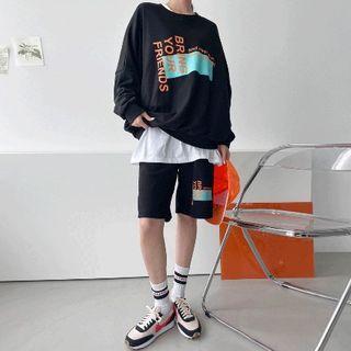 Set: Drop-shoulder Letter Print Sweatshirt + Sweat Shorts