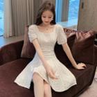 Square-neck Short-sleeve A-line Eyelet Lace Dress
