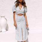 Set: Short-sleeve Plaid Blouse + Midi Pencil Skirt