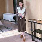 Set: Long-sleeve Plain Knit Top + High-waist Pleated Skirt + V-neck Knit Perforated Vest
