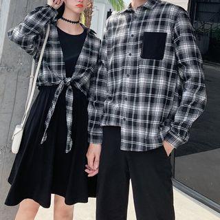Couple Matching Plaid Shirt / Plain A-line Dress / Straight-cut Pants / Set