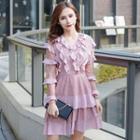 Long-sleeve Ruffle Trim Lace Mini A-line Dress