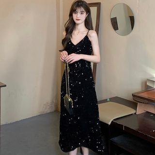 Spaghetti Strap Sequined Velvet Midi A-line Dress