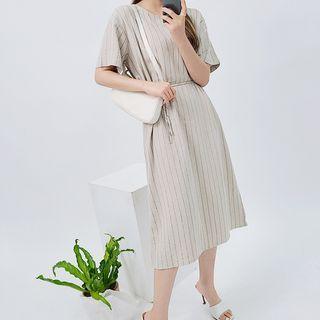 Pinstripe Boxy Long Dress With Sash