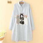 Cat Embroidered Long-sleeve Shirtdress