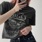 Cropped Motorcycle Print Rolled Short-sleeve Top