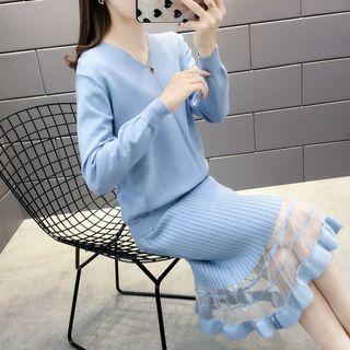 Set: V-neck Knit Top + Midi Ribbed Knit Skirt