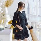 3/4-sleeve Tie-waist Polka-dot A-line Dress