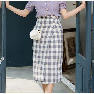 Short-sleeve Chiffon Blouse / Plaid Straight Fit Skirt