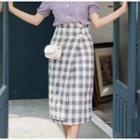 Short-sleeve Chiffon Blouse / Plaid Straight Fit Skirt