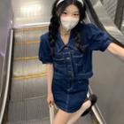 Short-sleeve Contrast Stitching Denim Jacket / Mini Pencil Skirt