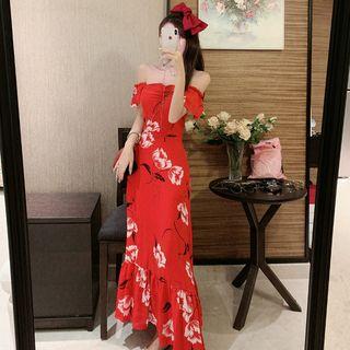 Short-sleeve Flower Printed A-line Maxi Dress