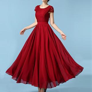 Short-sleeve Lace Panel Chiffon Evening Dress