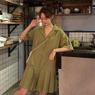 Elbow-sleeve Pleated Paneled Dress