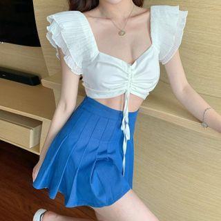 Ruffle Trim Shirred Front Cropped Top / Pleated Mini Skirt