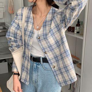 V-neck Single-breasted Plaid Jacket